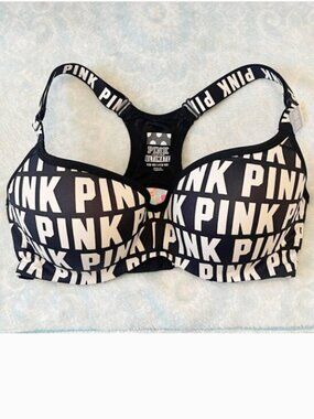 Victoria's Secret Pink Ultimate Push Up Bra  Small DD Black White Logo Racerback
